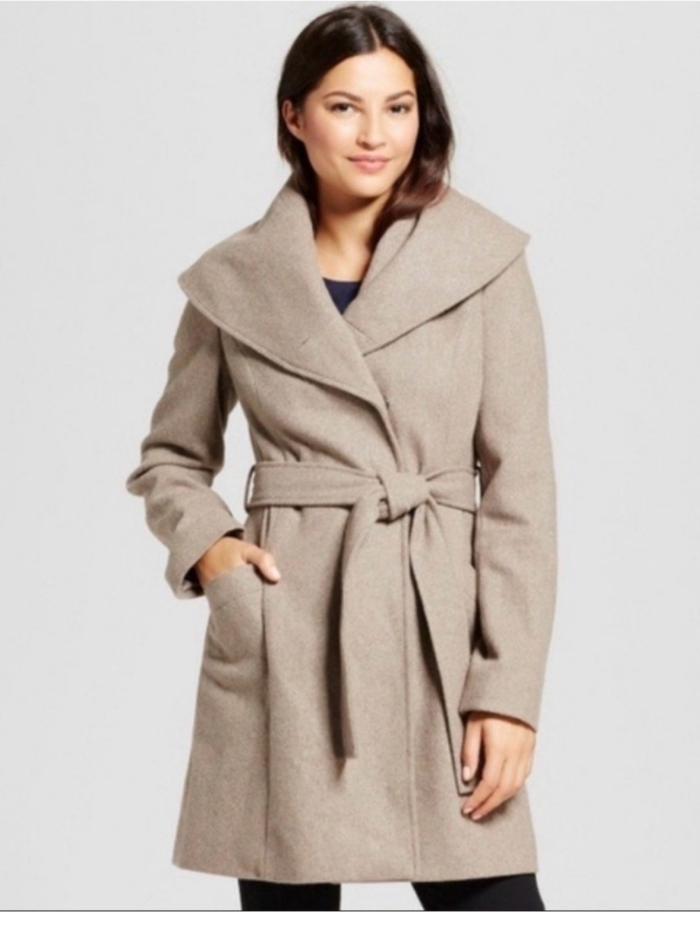 A New Day Wool-Blend Taupe Wrap Coat with Belt